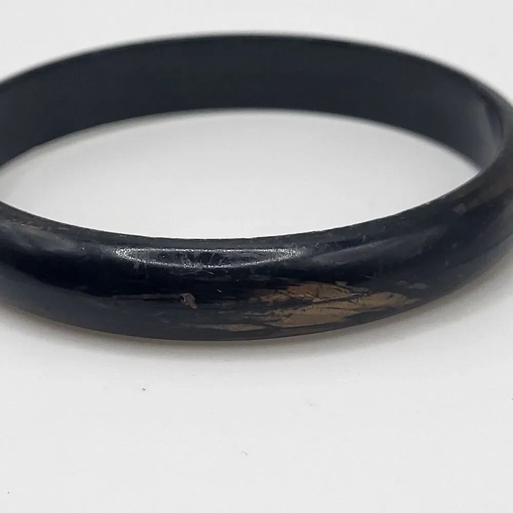 Vintage 80s Black Acrylic Bangle Bracelet with Gold Marbling 2.75in Dia